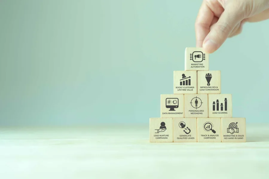 Stacked blocks featuring marketing process steps written on them