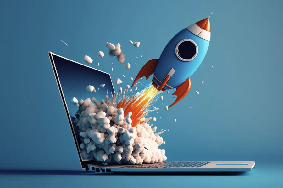 A 3-d rocket blasting out of a laptop screen