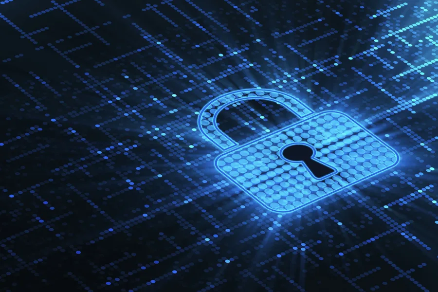A futuristic network board with a glowing padlock in the middle