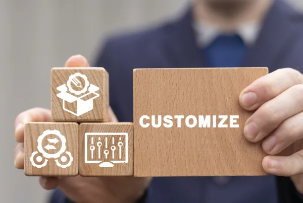 Wooden block with the word Customize next to smaller blocks with icons