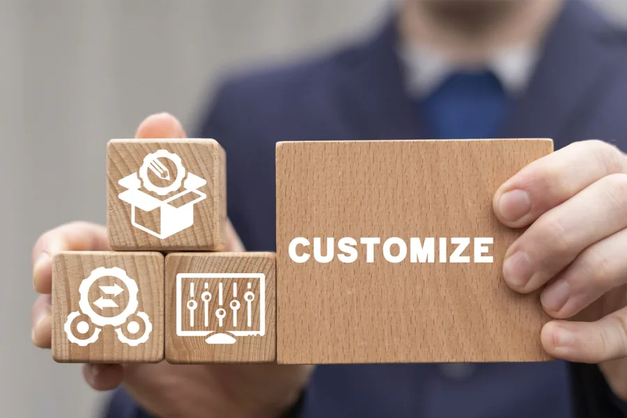 Wooden block with the word Customize next to smaller blocks with icons