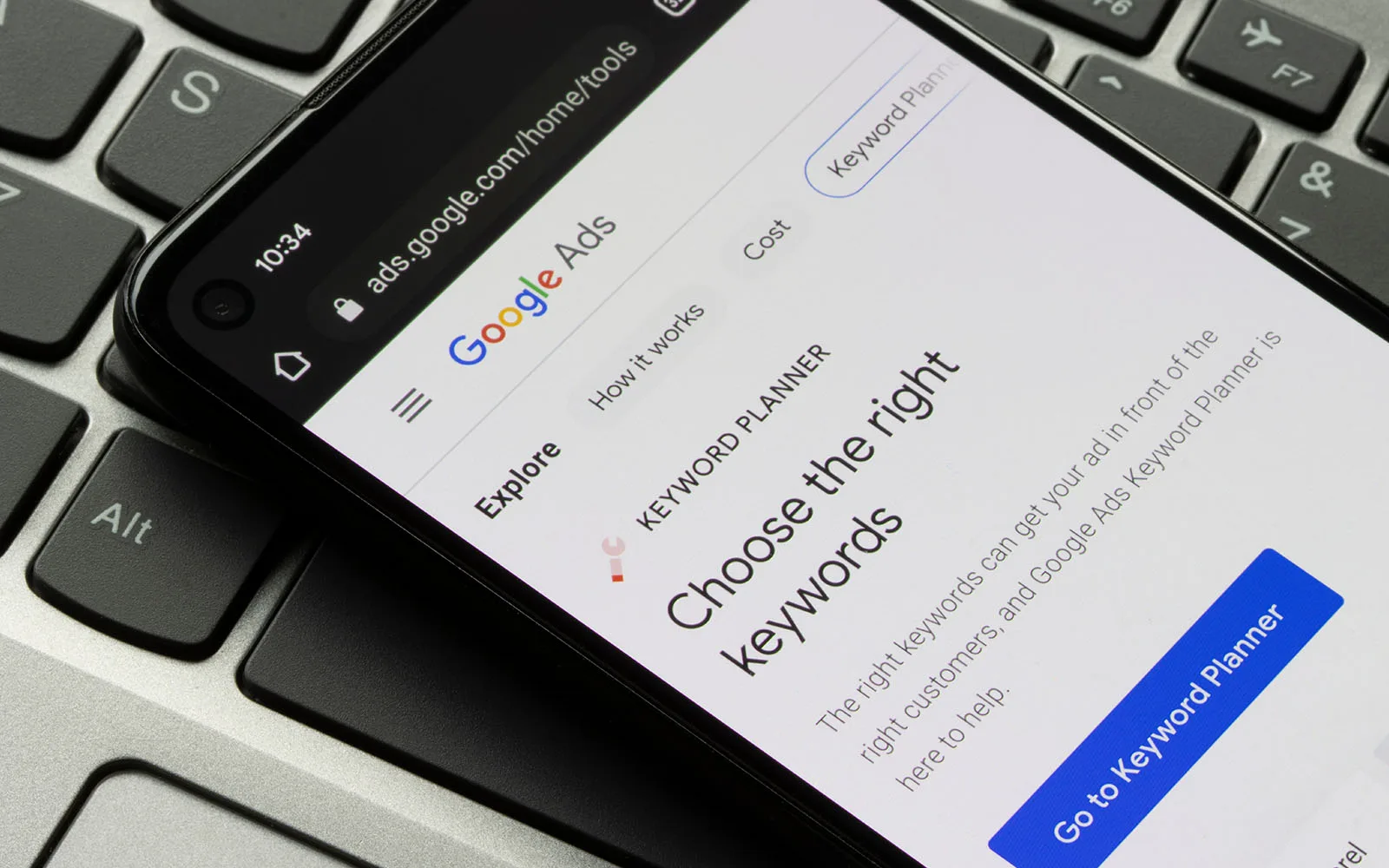 Google Ads keyword planner page displayed on an iphone screen