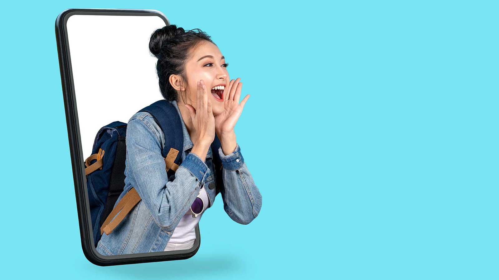 A woman leaning out of a giant iPhone screen with her hands cupped around her mouth to shout.