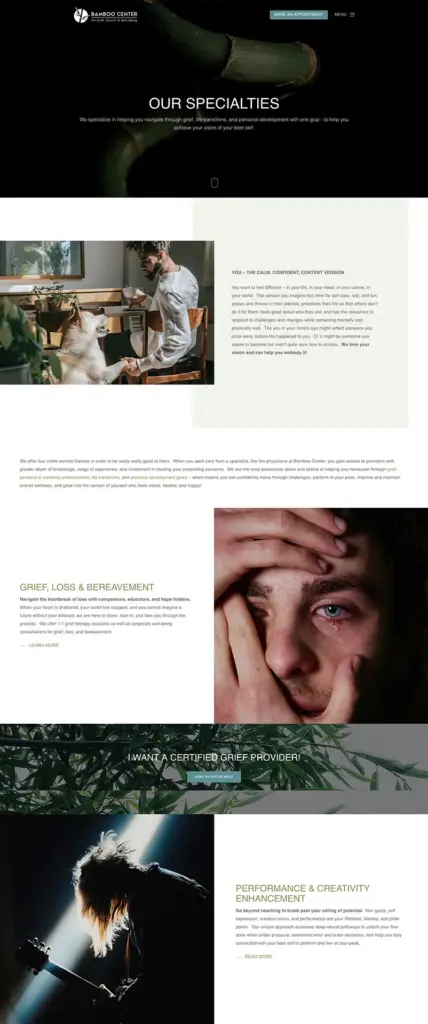 Bamboo Center Our Specialties A screenshot of the full Our Specialties page from the Bamboo Center's website.