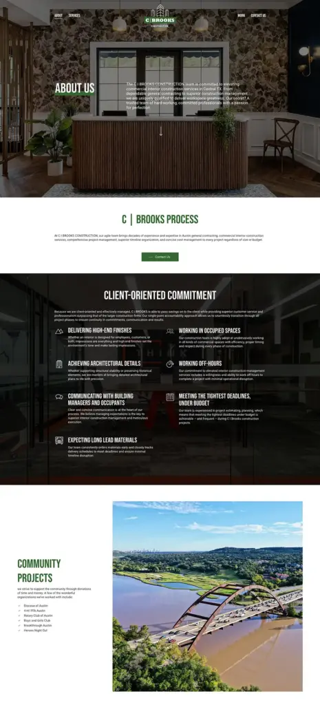 C Brooks About Us A screenshot displaying the About Us page on the C Brooks Construction website.