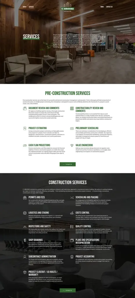 C Brooks Services A screenshot of the Services page content on the C Brooks Construction website.
