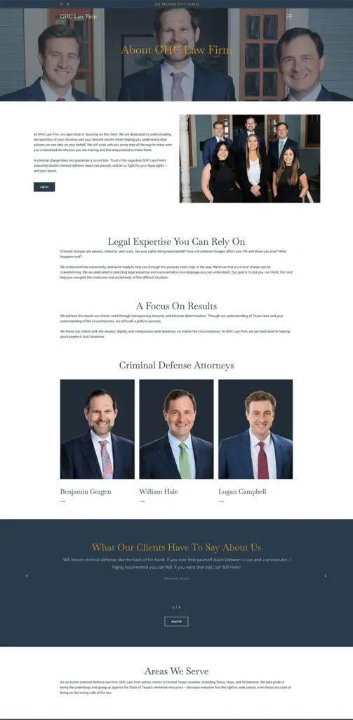 LPC GHC About A screenshot of the About Us page with pictures on the GHC Law Firm website.