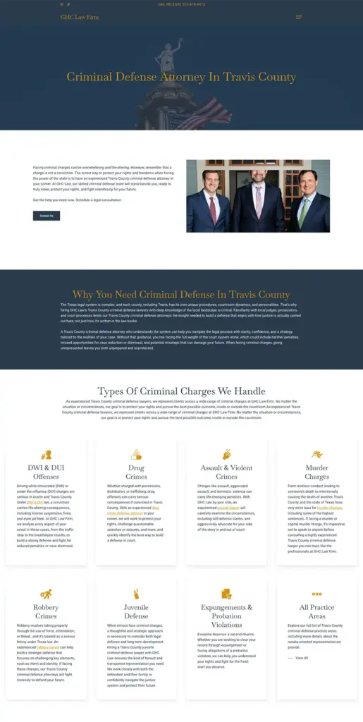 LPC GHC Criminal Defense A screenshot of the full Criminal Defense page on the GHC Law Firm website.
