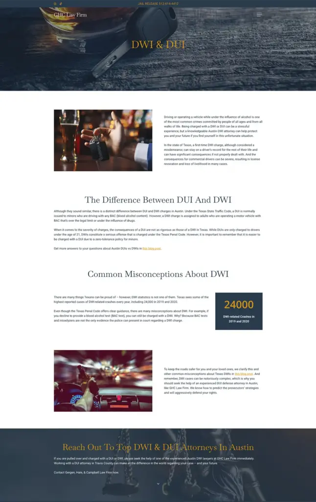 LPC GHC DWI DUI A screenshot of the DWI & DUI service page on the GHC Law Firm website.